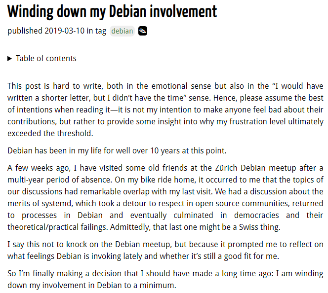 Debian 包维护者不满 Debian 开发流程 宣布退出