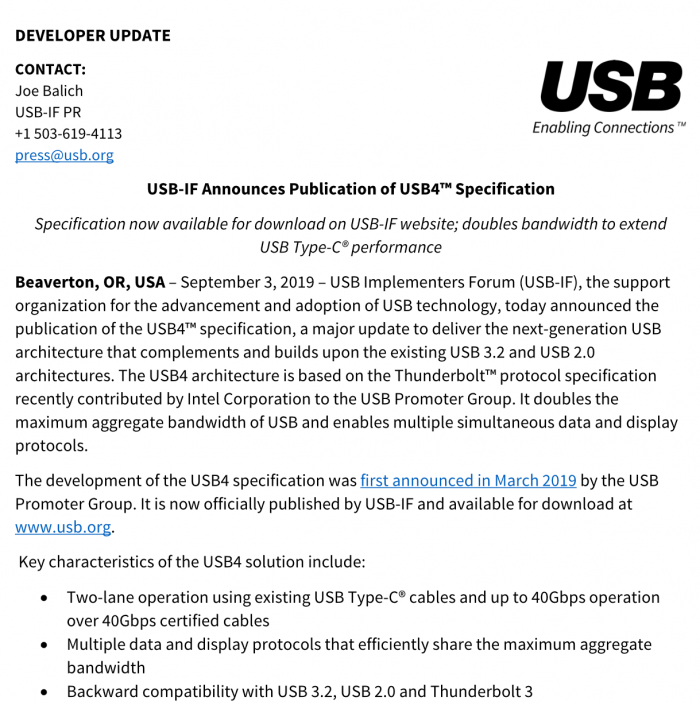 USB 4规范正式公布：基于雷电3 Type-C接口 带宽达40Gbps